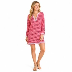 Aqua Et Sol Womens L Red Orange‎ UPF Tunic Dress Preppy V Neck Long Sleeve